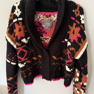 Anthropologie Patterned Shawl Collar Women's Sweater with Pink & Brown Accents